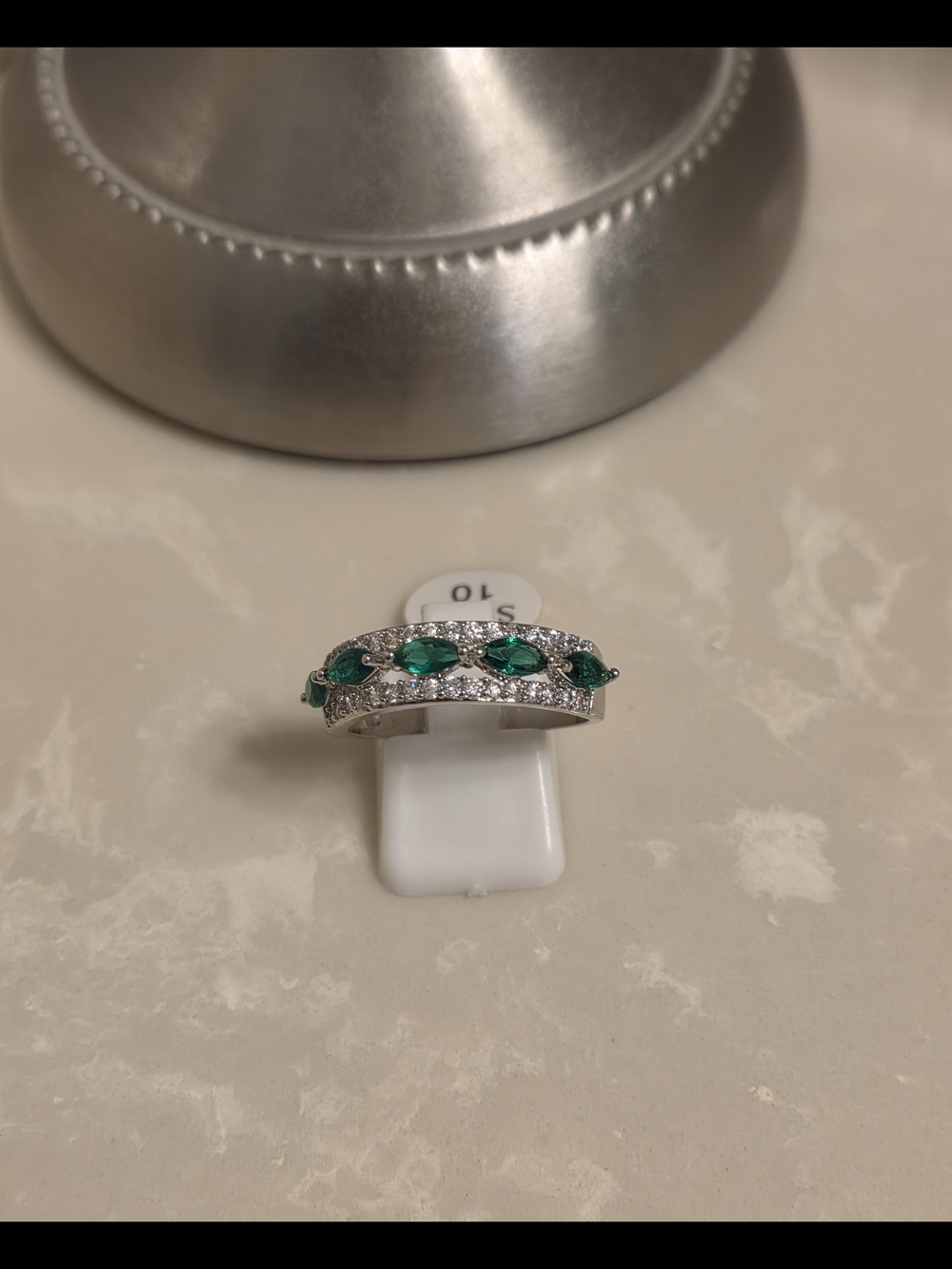Silver Green Emerald Marquise & Pavé Band Ring